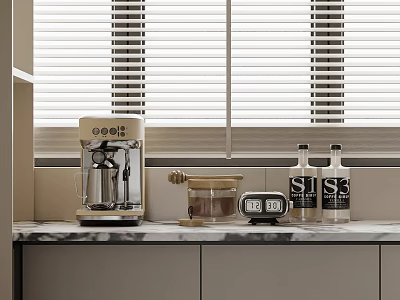 Stylish Modern Kitchen Counter With Coffee Machine Timer And Appliances 3d model