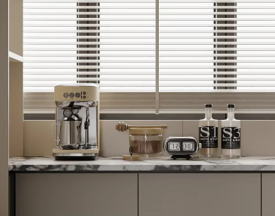 Stylish Modern Kitchen Counter With Coffee Machine Timer And Appliances 3d model