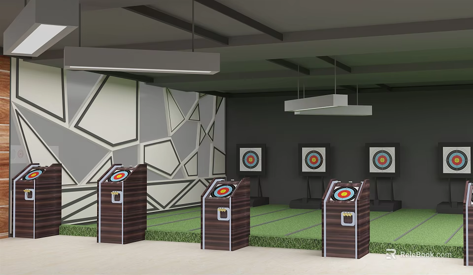 Indoor Shooting Range For Fitness Training With Targets Stands Geometric Wall Design And Hanging Lights 3d model 