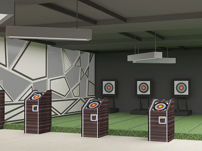 Indoor Shooting Range For Fitness Training With Targets Stands Geometric Wall Design And Hanging Lights 3d model