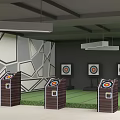 Indoor Shooting Range For Fitness Training With Targets Stands Geometric Wall Design And Hanging Lights