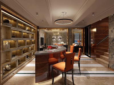 Elegant Modern Bar Area With Orange Chairs Marble Countertop And Glass Wine Shelves 3d model