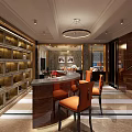 Elegant Modern Bar Area With Orange Chairs Marble Countertop And Glass Wine Shelves