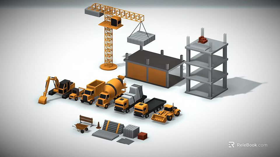 Construction Vehicles at Construction Site Featuring Crane Excavator Concrete Mixer Dump Trucks and Materials 3d model 
