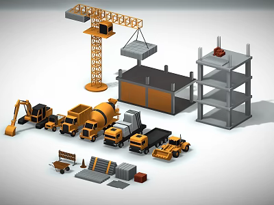 Engineering Vehicle Cartoon Engineering Vehicle Truck Excavator Mixer Tower Crane Truck Lowpoly Engineering Vehicle suit 3d model