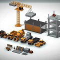 Construction Vehicles at Construction Site Featuring Crane Excavator Concrete Mixer Dump Trucks and Materials
