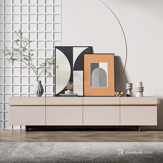 Modern TV Stand With Decorative Vase Framed Art And Geometric Wall Design 3d model 