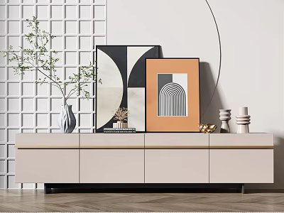 Modern TV Stand With Decorative Vase Framed Art And Geometric Wall Design 3d model