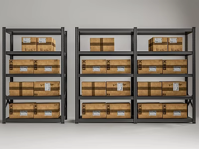 Warehouse Metal Storage Shelves With Multiple Layers Holding Brown Cardboard Boxes 3d model