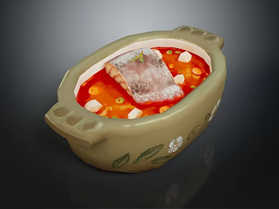 Fish Fillet In Green Oval Shaped Casserole With Red Soup Vegetable Chunks And Decorative Leaves 3d model