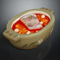 Fish Fillet In Green Oval Shaped Casserole With Red Soup Vegetable Chunks And Decorative Leaves