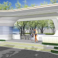 Modern Garden Landscape With Curved White Structure Green Trees Stone Steps And Pedestrian Walkway