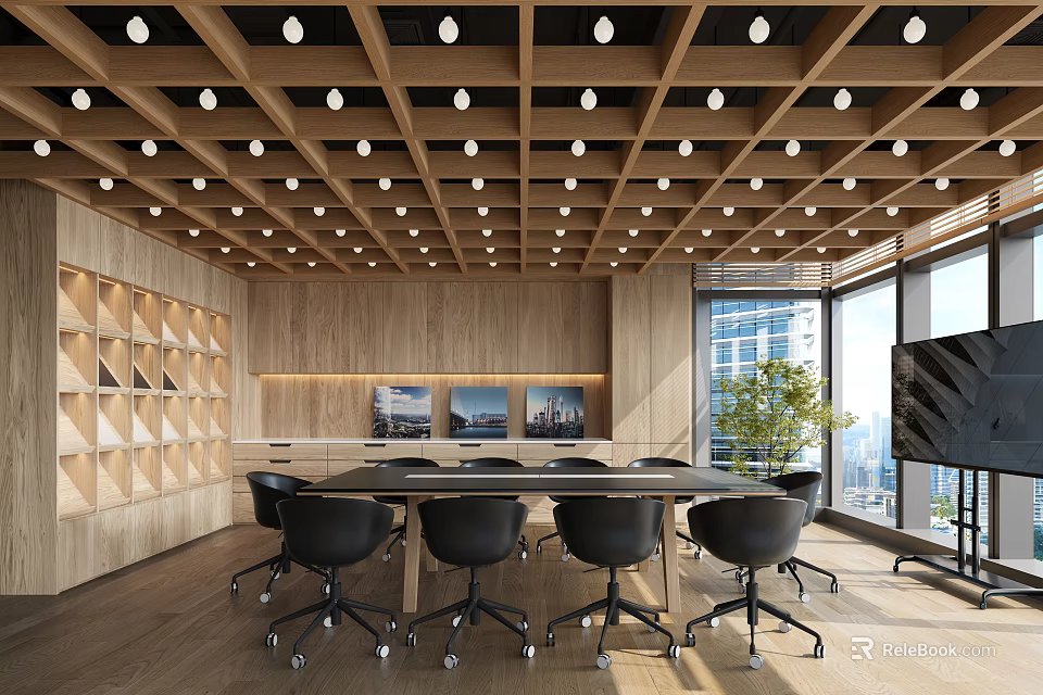 Modern Conference Room With Wooden Ceiling Recessed Lights Large Table Black Chairs And City View 3d model 