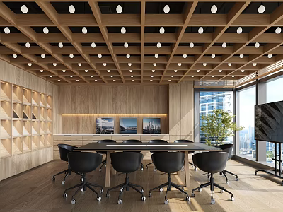 Modern Conference Room With Wooden Ceiling Recessed Lights Large Table Black Chairs And City View 3d model