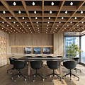 Modern Conference Room With Wooden Ceiling Recessed Lights Large Table Black Chairs And City View