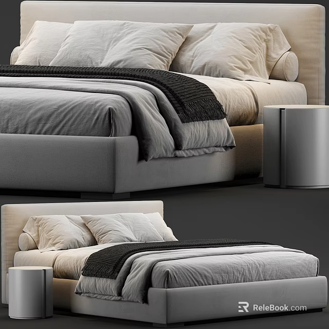 Modern Gray Upholstered Double Bed With Soft Pillows Blanket And Nightstand 3d model 