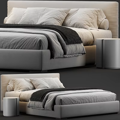 Modern Gray Upholstered Double Bed With Soft Pillows Blanket And Nightstand 3d model