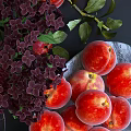 Fresh Ripe Red Apples Cherries Peaches And Pomegranate With Purple Flowers And Fresh Leaves