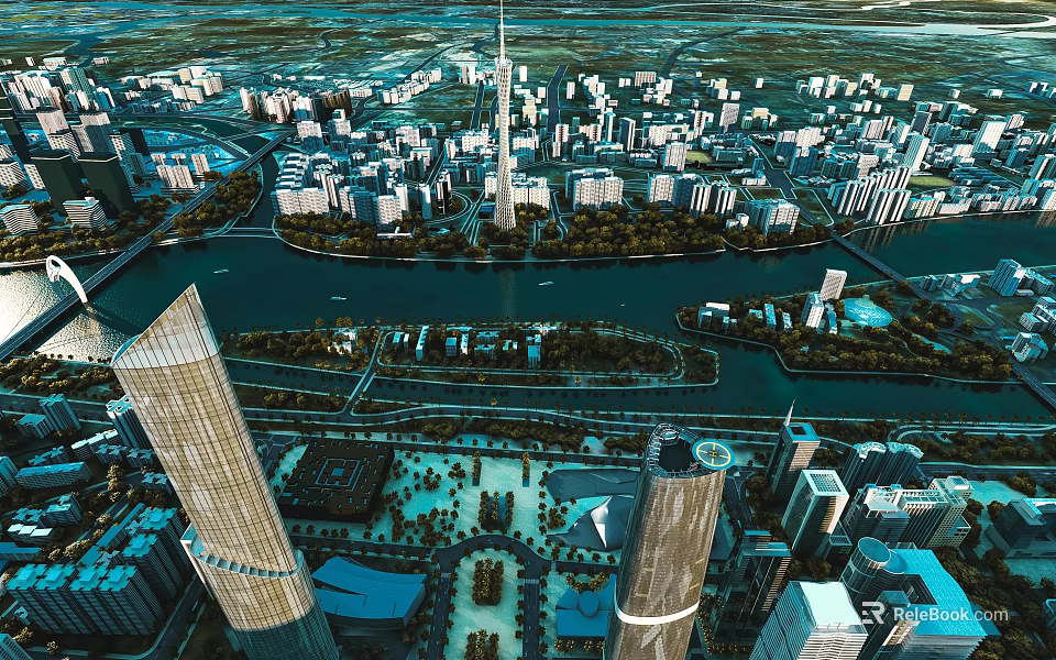 Aerial View of Modern Cityscape With Skyscrapers River and Green Parks 3d model 
