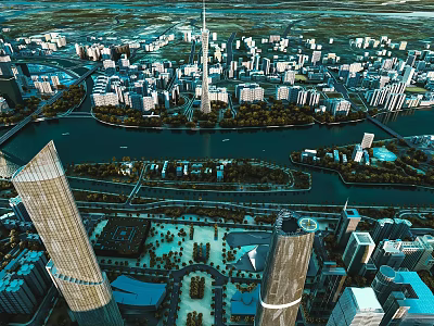 Aerial View of Modern Cityscape With Skyscrapers River and Green Parks 3d model