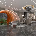 Modern Hotel Lobby With Circular Ceiling Lights Moon Shaped Decor Green Plants And Marble Floor