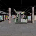 Modern Shopping Mall Interior With Marble Columns Glass Ceiling Escalator And Tables Chairs