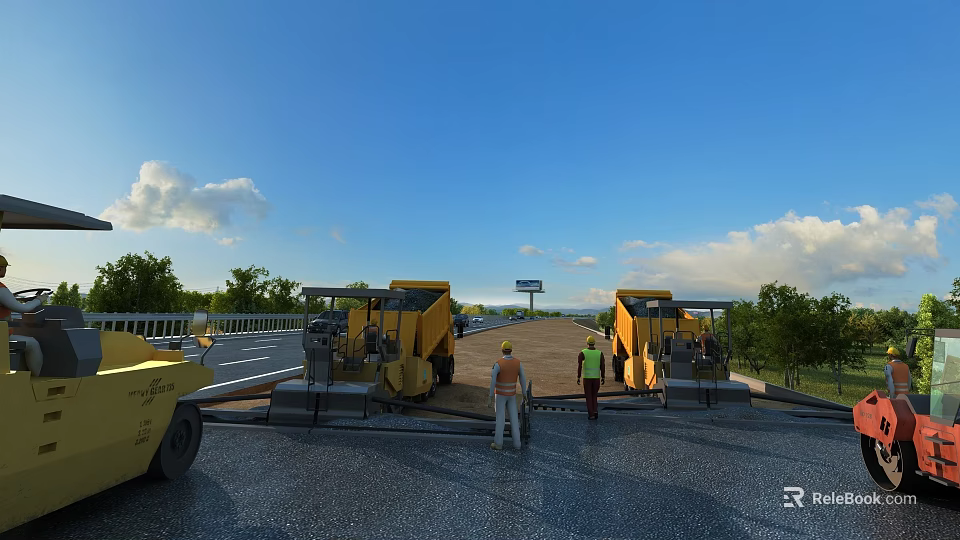 Road Infrastructure Construction Site Featuring Workers And Heavy Machinery On Asphalt Pavement 3d model 