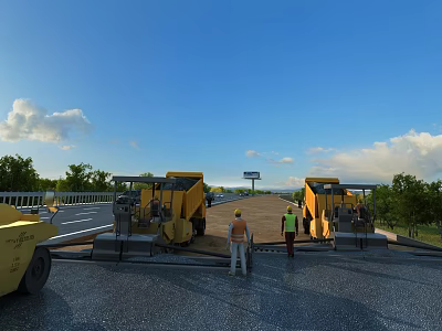 Road Infrastructure Construction Site Featuring Workers And Heavy Machinery On Asphalt Pavement 3d model
