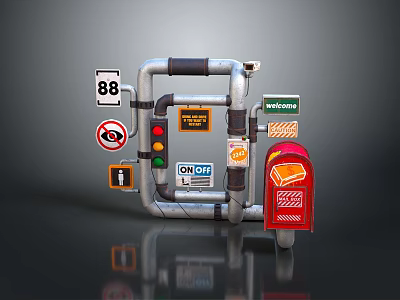 Creative Pipeline Structure With Road Signs Traffic Light Welcome Sign And Red Mailbox 3d model