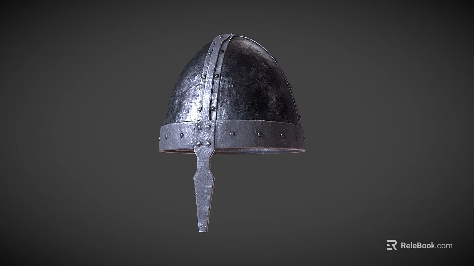 Medieval Dark Colored Metal Helmet Featuring Detailed Rivets and Back Flap Vintage Design 3d model 