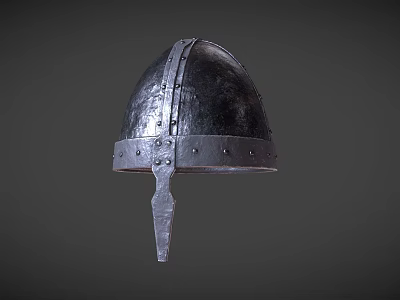 Medieval Dark Colored Metal Helmet Featuring Detailed Rivets and Back Flap Vintage Design 3d model