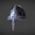Medieval Dark Colored Metal Helmet Featuring Detailed Rivets and Back Flap Vintage Design