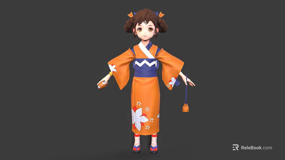 Stylish 3D Anime Character Wearing Orange Kimono with White Flower Patterns and Blue Obi 3d model 