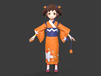 Stylish 3D Anime Character Wearing Orange Kimono with White Flower Patterns and Blue Obi 3d model