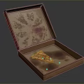 Pizza In Open Wooden Box With Red And White Checkered Trim And Grease Stains
