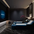 Modern SPA Sauna Room With Dark Blue Sofa Beds Blue Gradient Curtains And SEN5 Screen