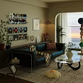 Modern Living Room Interior With Black Leather Sofa Orange Cushion Blanket And Glass Coffee Table