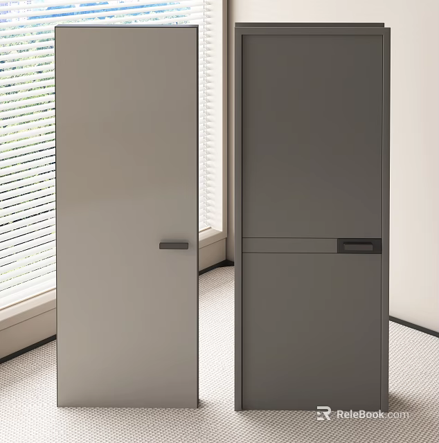 Modern Gray Hinged Doors in Bright Room With Window Blinds and Light Flooring 3d model
