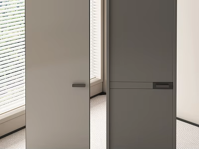 Modern Gray Hinged Doors in Bright Room With Window Blinds and Light Flooring 3d model