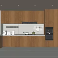 Modern Wooden Kitchen With Cabinetry Built In Ovens Cooktop Range Hood And Small Appliances