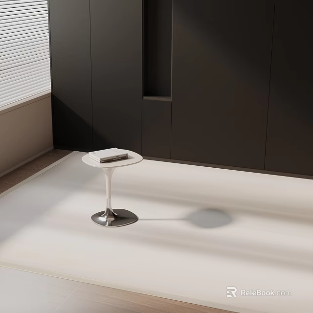 Side Table In Modern Interior With White Round Top Metal Base Black Cabinets And Blinds 3d model 