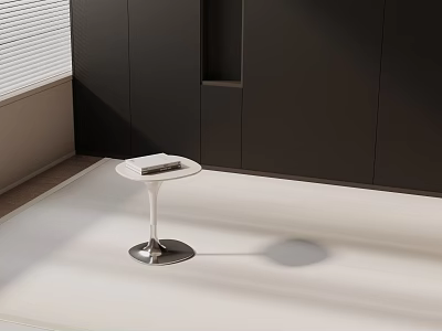 Side Table In Modern Interior With White Round Top Metal Base Black Cabinets And Blinds 3d model