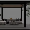 Black Framed Pergola with Wooden Roof Outdoor Seating White Walls Floor Lamp and Pine Tree