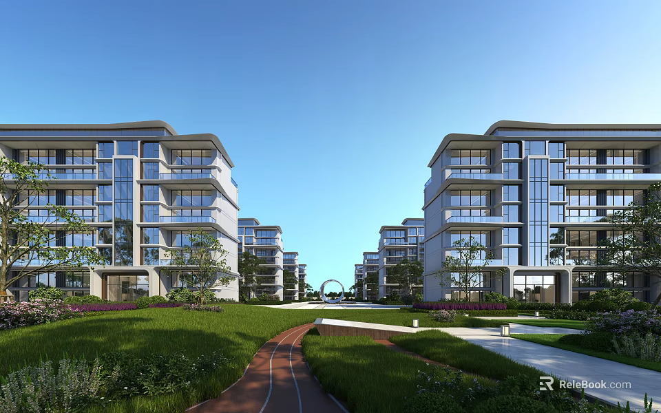 Modern Residential Buildings Featuring Symmetrical Layout Green Lawn Pathway Trees And Open Sky 3d model 