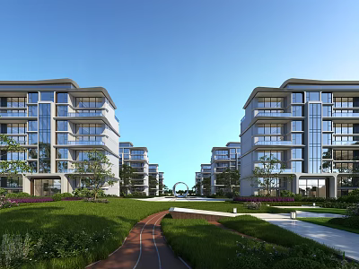 Modern Residential Buildings Featuring Symmetrical Layout Green Lawn Pathway Trees And Open Sky 3d model