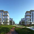 Modern Residential Buildings Featuring Symmetrical Layout Green Lawn Pathway Trees And Open Sky