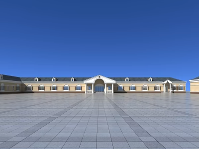 Modern Yellow Building With Multiple Windows Central Entrance And Spacious Square Under Blue Sky 3d model