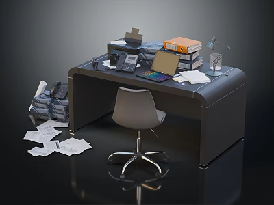 Cluttered Office Desk With Laptop Printer Document Stacks Scattered Papers Desk Lamp And Chair 3d model