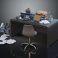 Cluttered Office Desk With Laptop Printer Document Stacks Scattered Papers Desk Lamp And Chair