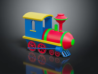 Colorful Children's Toy Train With Yellow Roof Blue Cabin Red Engine Green Stripes And Wheels 3d model